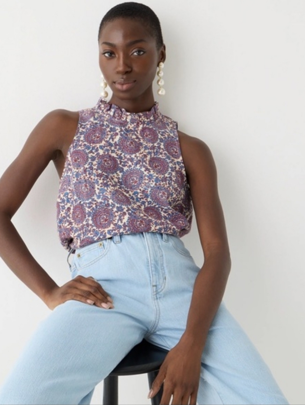 J. CREW Fleur Sleveless Purple Blue Print 100% Linen Ruffle Neck Top Small NWOT